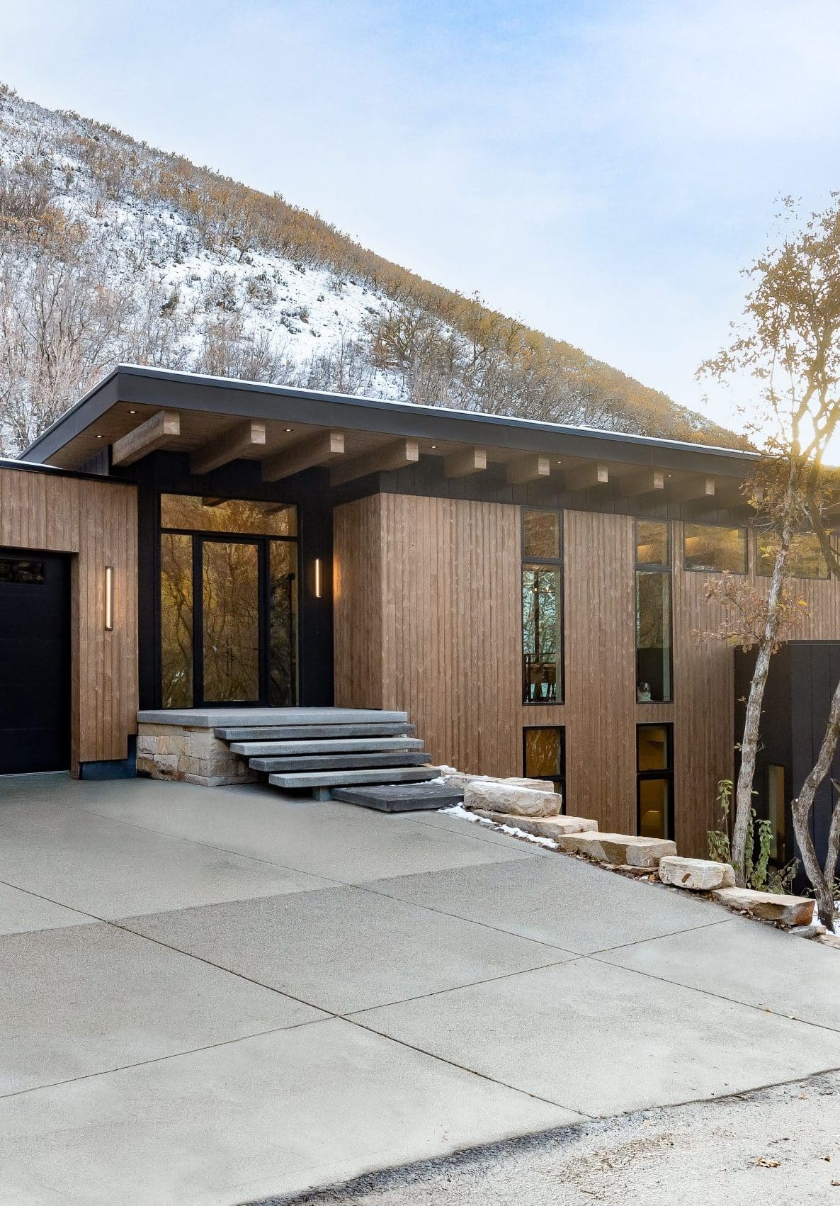 Entry facade with wood siding, low-slung roofline, and stone steps leading to the front door