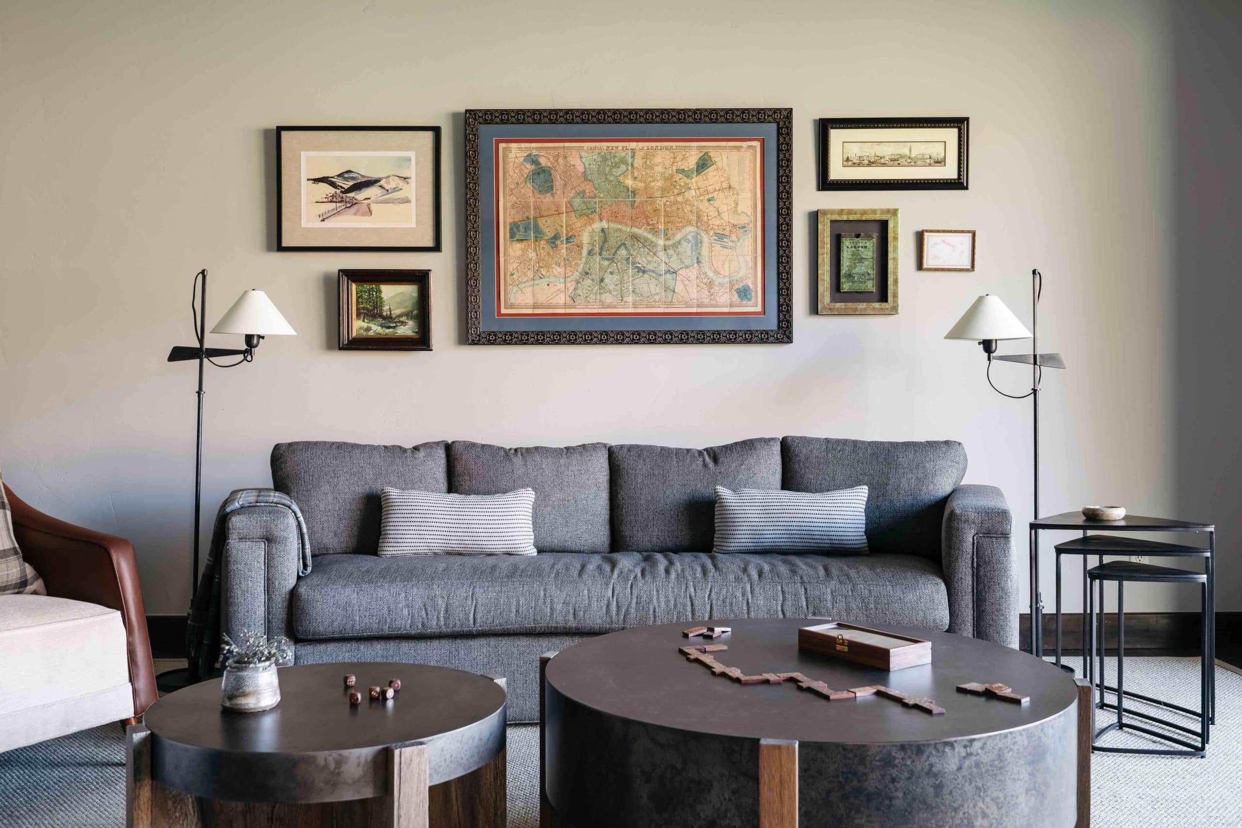 Downstairs rec room with a large performance-fabric couch and relaxed layout