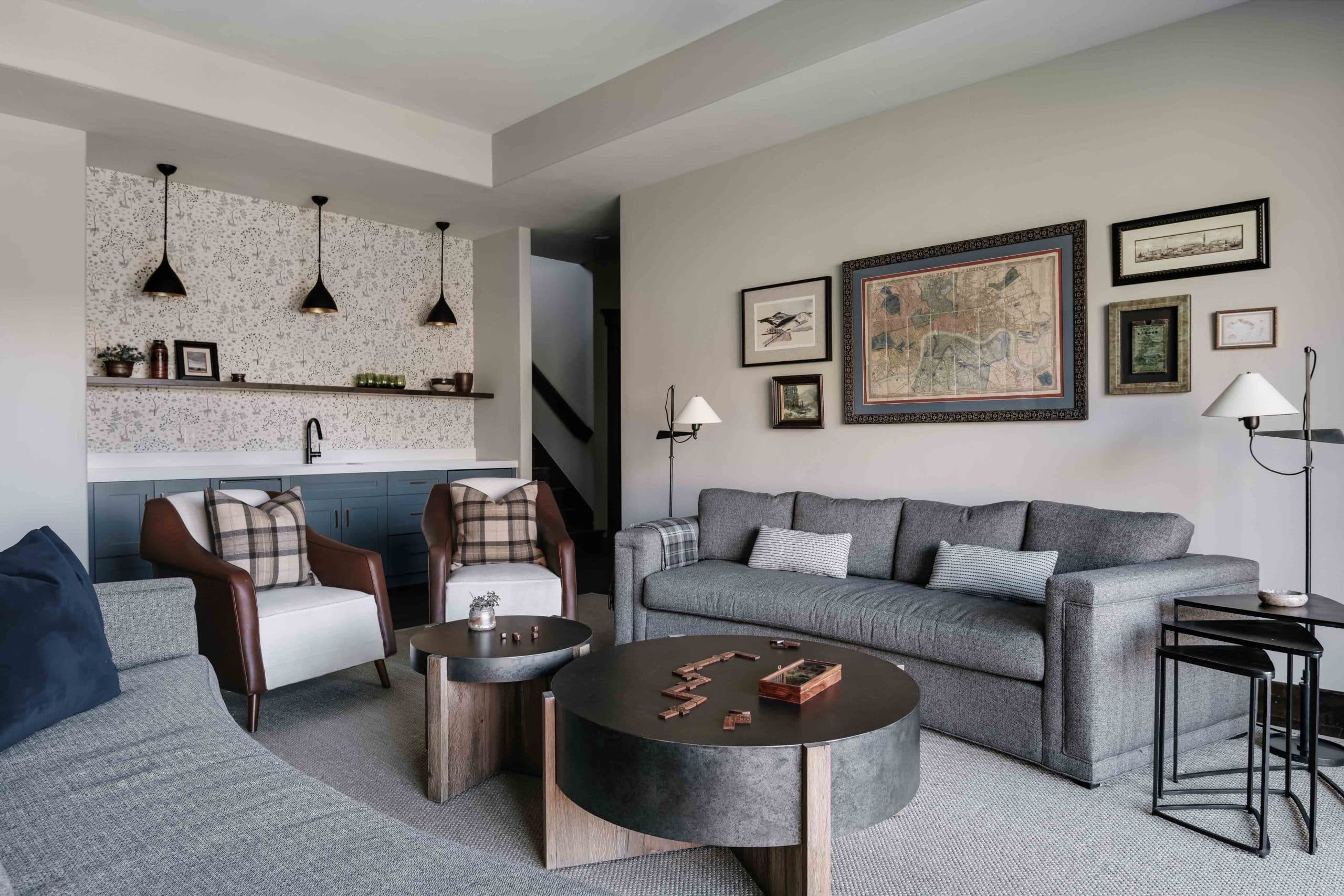 Full view of the downstairs adult rec room with a cozy seating arrangement